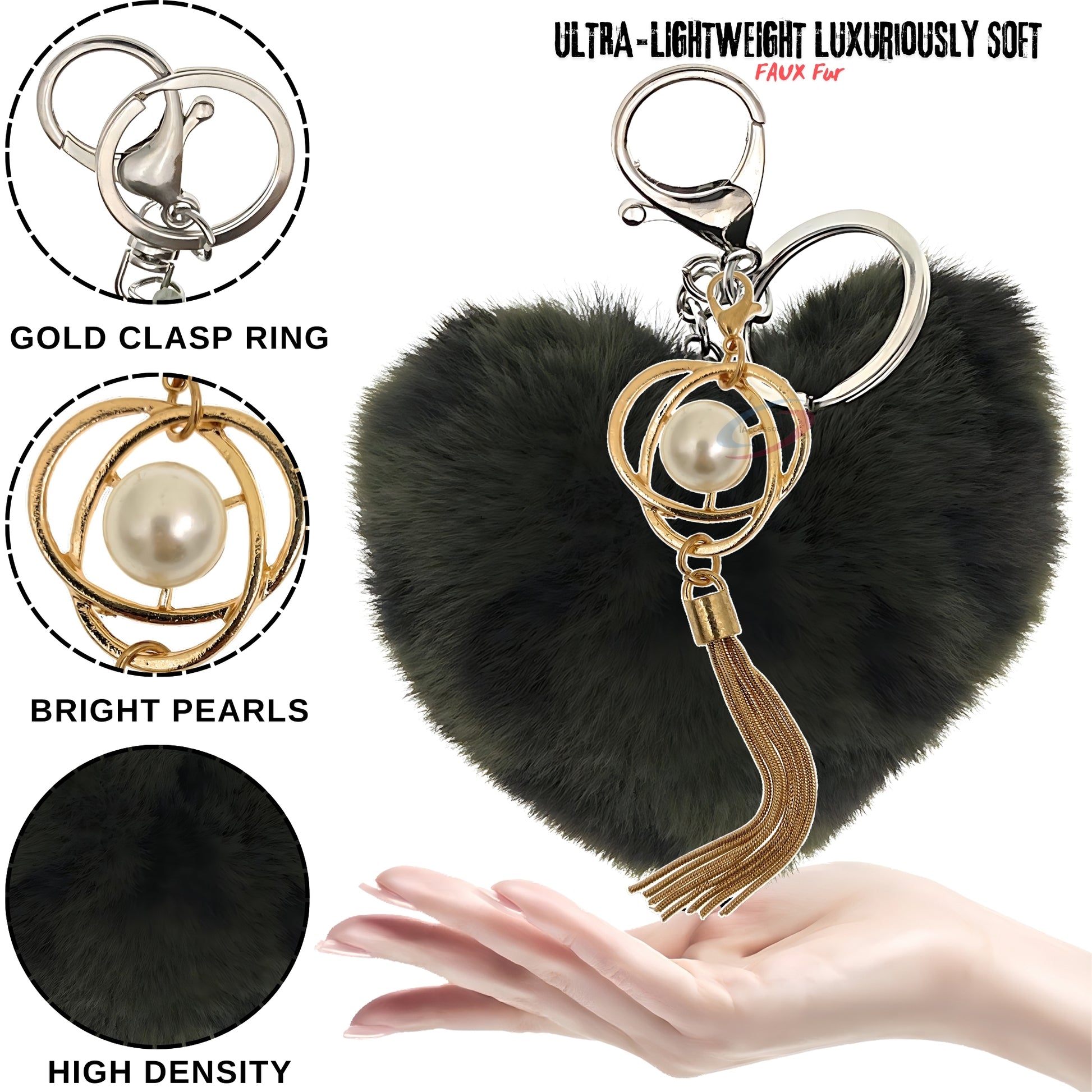 iAccessories Fluffy Soft Faux Fur Pompom Heart Keychain - Fashionable Pearl Tassel Pendant Charm for Girls | Perfect for Bags, Purses, Wallets, Cars, Bikes, Scooty, Home Keys - Dark Green Lepo - iAccessories