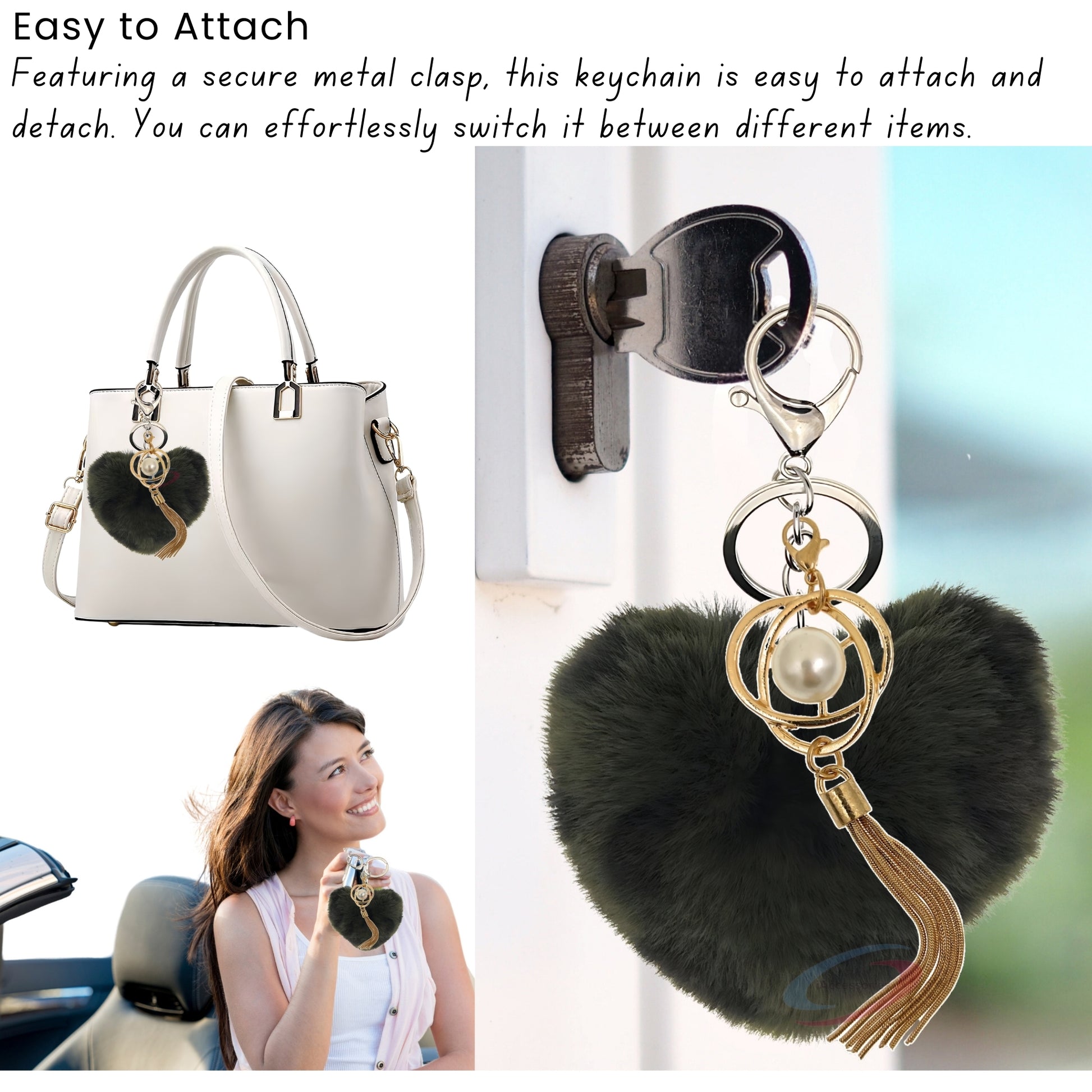 iAccessories Fluffy Soft Faux Fur Pompom Heart Keychain - Fashionable Pearl Tassel Pendant Charm for Girls | Perfect for Bags, Purses, Wallets, Cars, Bikes, Scooty, Home Keys - Dark Green Lepo - iAccessories