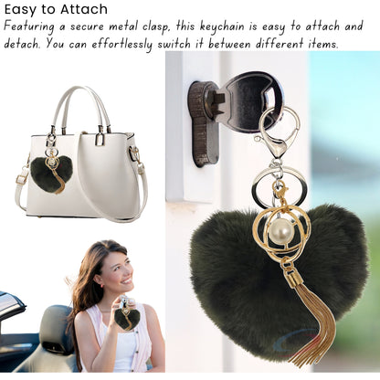 iAccessories Fluffy Soft Faux Fur Pompom Heart Keychain - Fashionable Pearl Tassel Pendant Charm for Girls | Perfect for Bags, Purses, Wallets, Cars, Bikes, Scooty, Home Keys - Dark Green Lepo - iAccessories