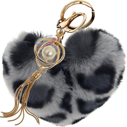 iAccessories Fluffy Soft Faux Fur Pompom Heart Keychain - Fashionable Pearl Tassel Pendant Charm for Girls | Perfect for Bags, Purses, Wallets, Cars, Bikes, Scooty, Home Keys - Grey Lepo - iAccessories
