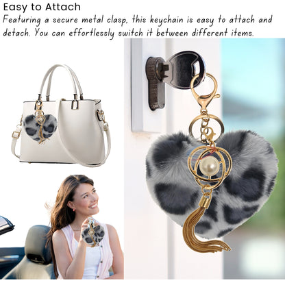 iAccessories Fluffy Soft Faux Fur Pompom Heart Keychain - Fashionable Pearl Tassel Pendant Charm for Girls | Perfect for Bags, Purses, Wallets, Cars, Bikes, Scooty, Home Keys - Grey Lepo - iAccessories
