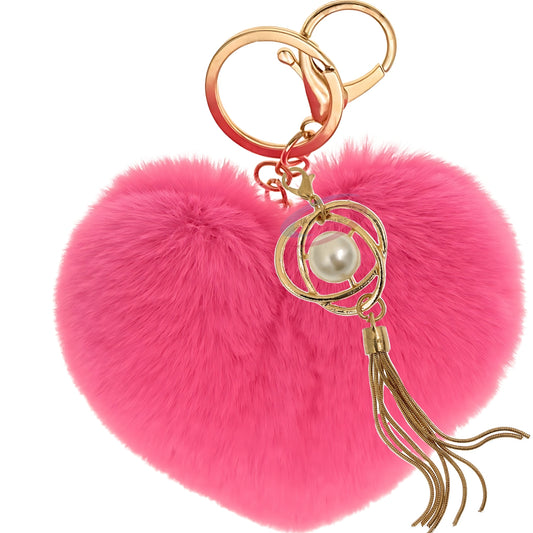 iAccessories Fluffy Soft Faux Fur Pompom Heart Keychain - Fashionable Pearl Tassel Pendant Charm for Girls | Perfect for Bags, Purses, Wallets, Cars, Bikes, Scooty, Home Keys - Hot Pink - iAccessories