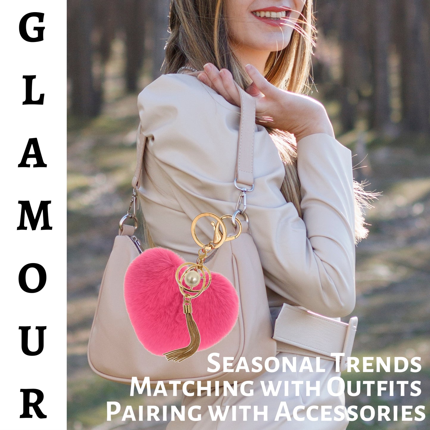 iAccessories Fluffy Soft Faux Fur Pompom Heart Keychain - Fashionable Pearl Tassel Pendant Charm for Girls | Perfect for Bags, Purses, Wallets, Cars, Bikes, Scooty, Home Keys - Hot Pink - iAccessories