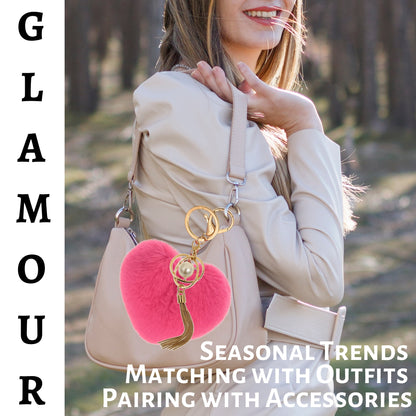 iAccessories Fluffy Soft Faux Fur Pompom Heart Keychain - Fashionable Pearl Tassel Pendant Charm for Girls | Perfect for Bags, Purses, Wallets, Cars, Bikes, Scooty, Home Keys - Hot Pink - iAccessories