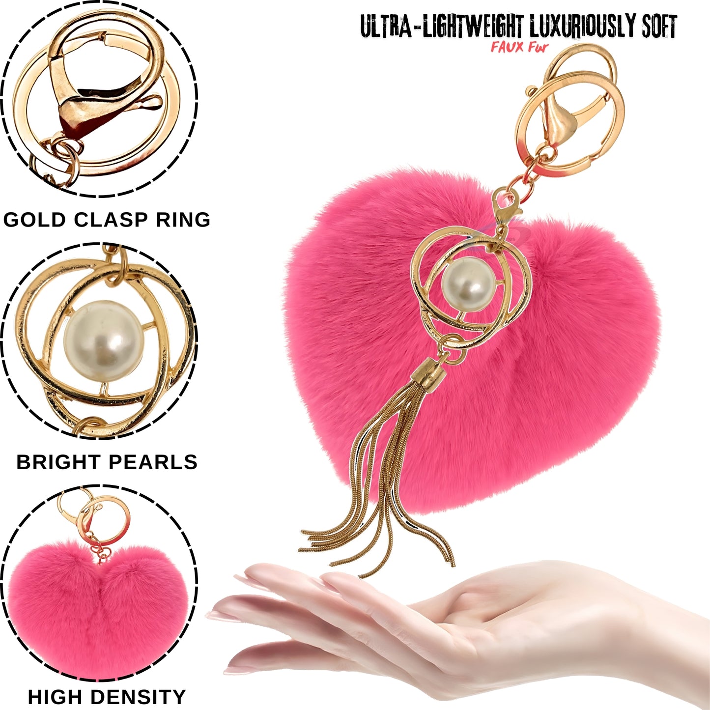 iAccessories Fluffy Soft Faux Fur Pompom Heart Keychain - Fashionable Pearl Tassel Pendant Charm for Girls | Perfect for Bags, Purses, Wallets, Cars, Bikes, Scooty, Home Keys - Hot Pink - iAccessories