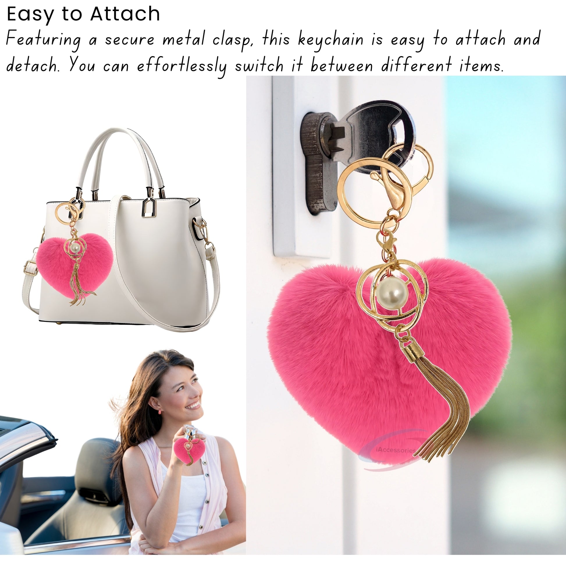 iAccessories Fluffy Soft Faux Fur Pompom Heart Keychain - Fashionable Pearl Tassel Pendant Charm for Girls | Perfect for Bags, Purses, Wallets, Cars, Bikes, Scooty, Home Keys - Hot Pink - iAccessories