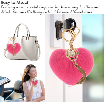 iAccessories Fluffy Soft Faux Fur Pompom Heart Keychain - Fashionable Pearl Tassel Pendant Charm for Girls | Perfect for Bags, Purses, Wallets, Cars, Bikes, Scooty, Home Keys - Hot Pink - iAccessories