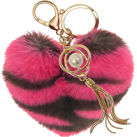 iAccessories Fluffy Soft Faux Fur Pompom Heart Keychain - Fashionable Pearl Tassel Pendant Charm for Girls | Perfect for Bags, Purses, Wallets, Cars, Bikes, Scooty, Home Keys - Hot Pink Lepo - iAccessories