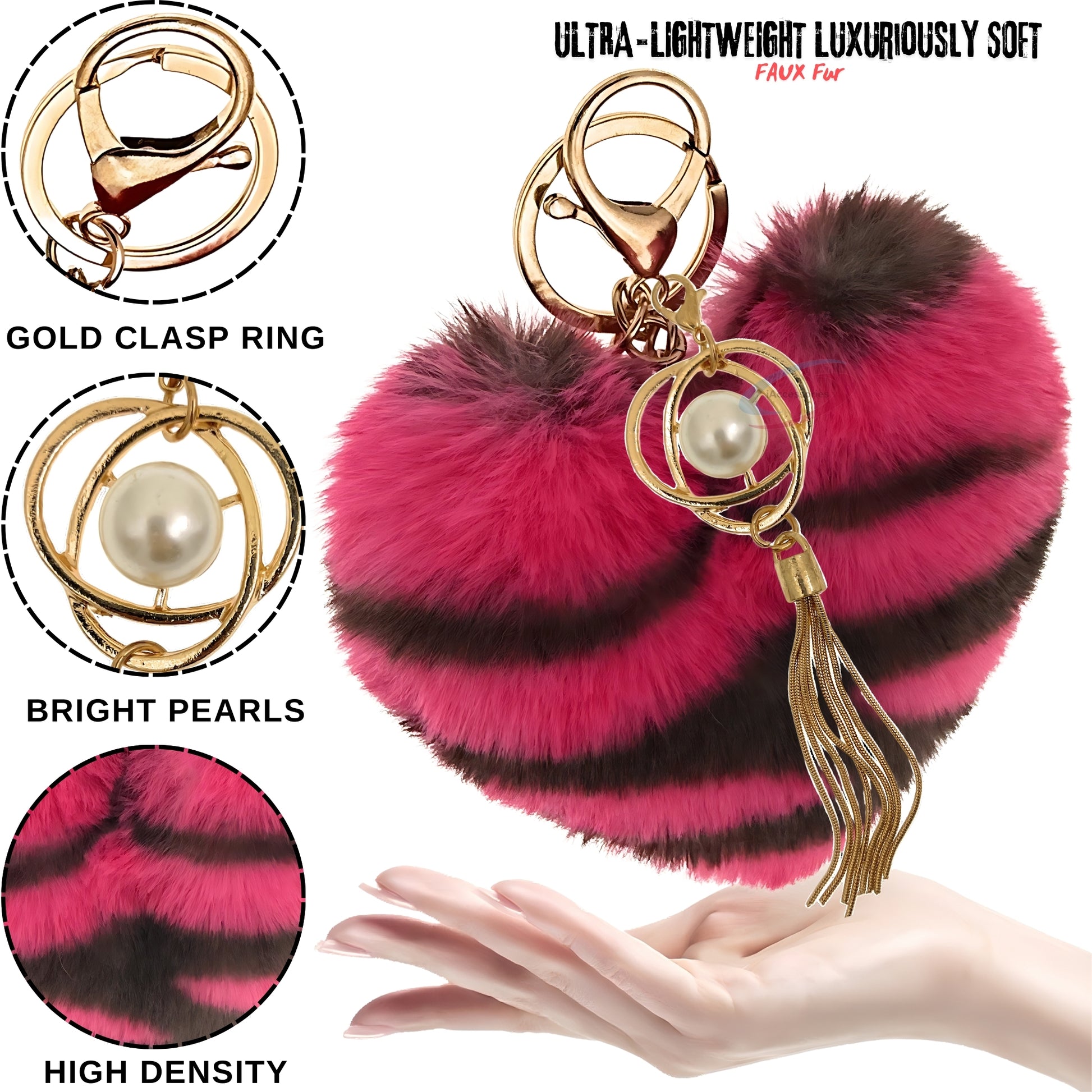 iAccessories Fluffy Soft Faux Fur Pompom Heart Keychain - Fashionable Pearl Tassel Pendant Charm for Girls | Perfect for Bags, Purses, Wallets, Cars, Bikes, Scooty, Home Keys - Hot Pink Lepo - iAccessories