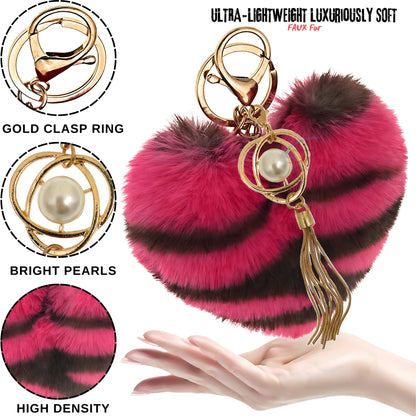 iAccessories Fluffy Soft Faux Fur Pompom Heart Keychain - Fashionable Pearl Tassel Pendant Charm for Girls | Perfect for Bags, Purses, Wallets, Cars, Bikes, Scooty, Home Keys - Hot Pink Lepo - iAccessories