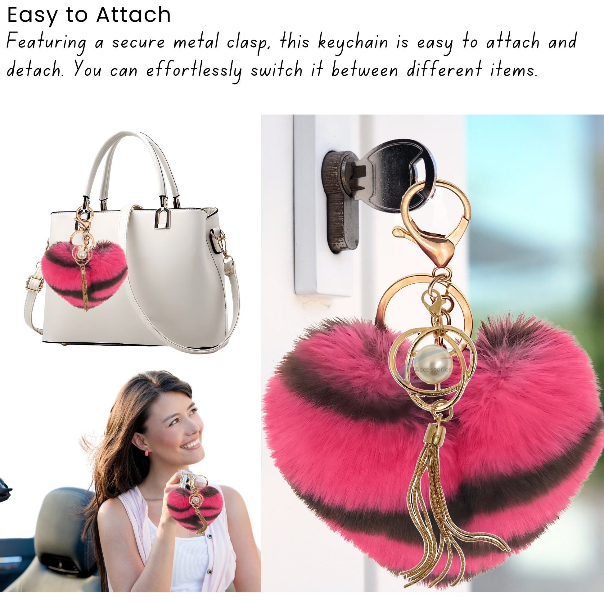 iAccessories Fluffy Soft Faux Fur Pompom Heart Keychain - Fashionable Pearl Tassel Pendant Charm for Girls | Perfect for Bags, Purses, Wallets, Cars, Bikes, Scooty, Home Keys - Hot Pink Lepo - iAccessories