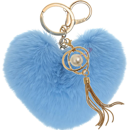 iAccessories Fluffy Soft Faux Fur Pompom Heart Keychain - Fashionable Pearl Tassel Pendant Charm for Girls | Perfect for Bags, Purses, Wallets, Cars, Bikes, Scooty, Home Keys - Light Blue - iAccessories