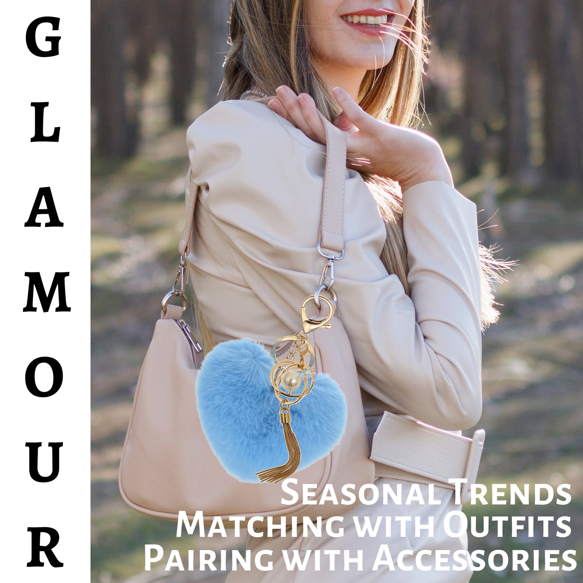 iAccessories Fluffy Soft Faux Fur Pompom Heart Keychain - Fashionable Pearl Tassel Pendant Charm for Girls | Perfect for Bags, Purses, Wallets, Cars, Bikes, Scooty, Home Keys - Light Blue - iAccessories