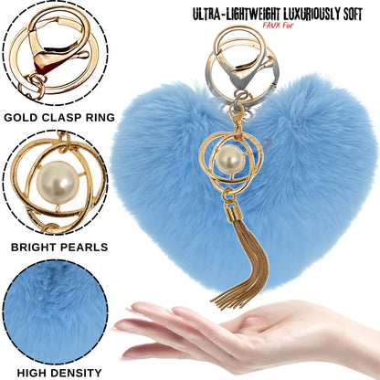 iAccessories Fluffy Soft Faux Fur Pompom Heart Keychain - Fashionable Pearl Tassel Pendant Charm for Girls | Perfect for Bags, Purses, Wallets, Cars, Bikes, Scooty, Home Keys - Light Blue - iAccessories