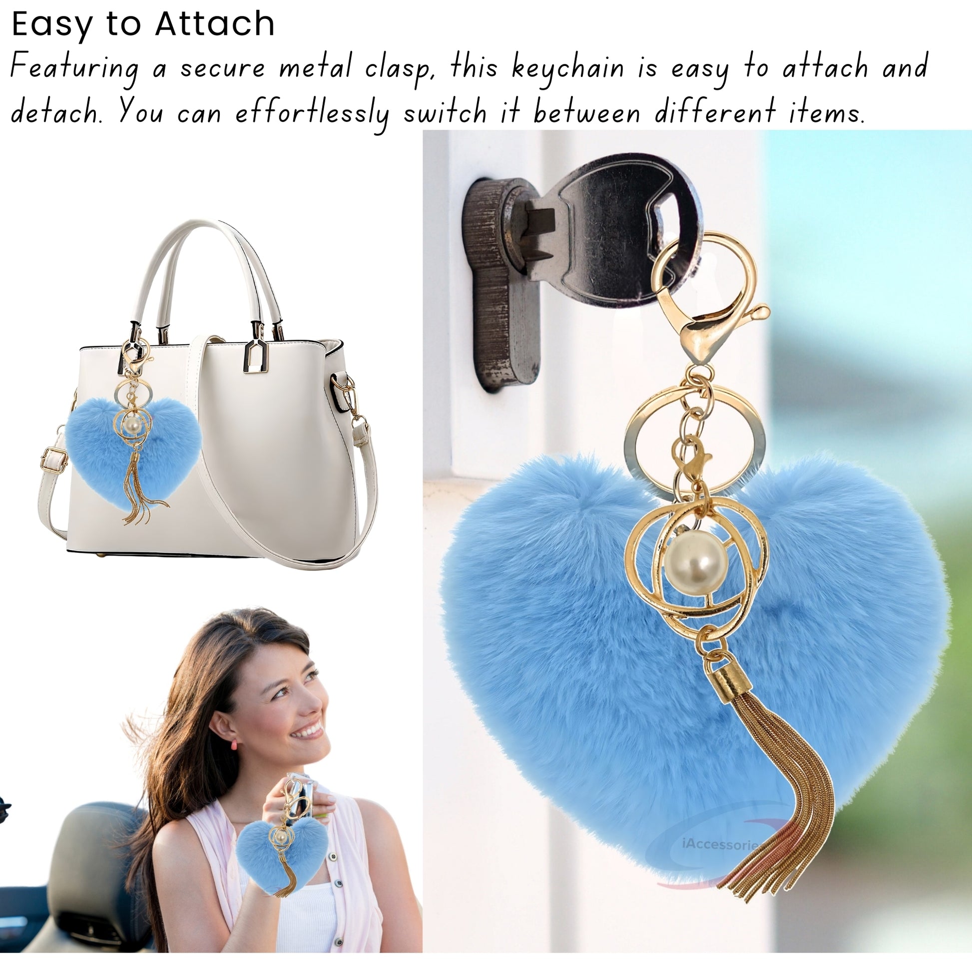 iAccessories Fluffy Soft Faux Fur Pompom Heart Keychain - Fashionable Pearl Tassel Pendant Charm for Girls | Perfect for Bags, Purses, Wallets, Cars, Bikes, Scooty, Home Keys - Light Blue - iAccessories