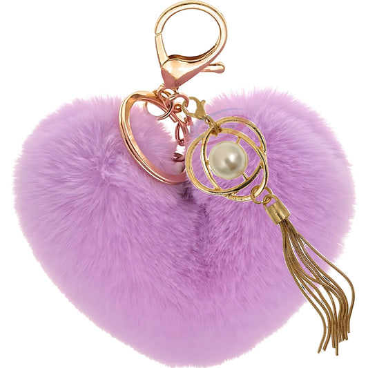 iAccessories Fluffy Soft Faux Fur Pompom Heart Keychain - Fashionable Pearl Tassel Pendant Charm for Girls | Perfect for Bags, Purses, Wallets, Cars, Bikes, Scooty, Home Keys - Light Purple - iAccessories
