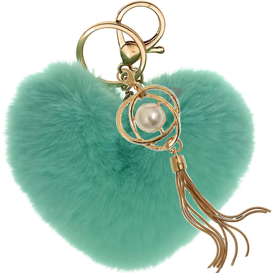 iAccessories Fluffy Soft Faux Fur Pompom Heart Keychain - Fashionable Pearl Tassel Pendant Charm for Girls | Perfect for Bags, Purses, Wallets, Cars, Bikes, Scooty, Home Keys - Mint Green - iAccessories