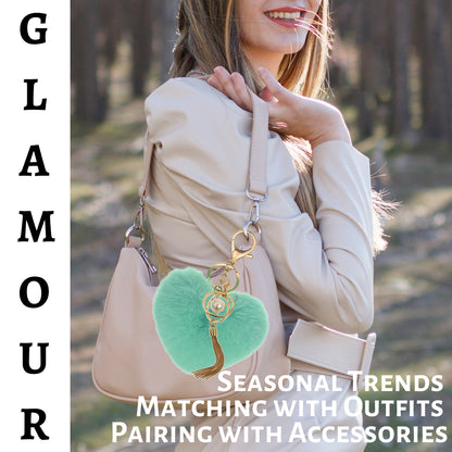 iAccessories Fluffy Soft Faux Fur Pompom Heart Keychain - Fashionable Pearl Tassel Pendant Charm for Girls | Perfect for Bags, Purses, Wallets, Cars, Bikes, Scooty, Home Keys - Mint Green - iAccessories