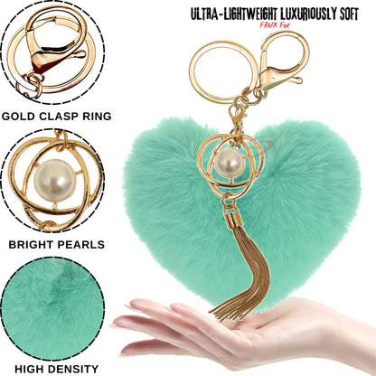 iAccessories Fluffy Soft Faux Fur Pompom Heart Keychain - Fashionable Pearl Tassel Pendant Charm for Girls | Perfect for Bags, Purses, Wallets, Cars, Bikes, Scooty, Home Keys - Mint Green - iAccessories