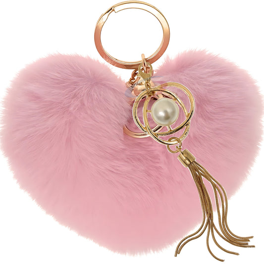 iAccessories Fluffy Soft Faux Fur Pompom Heart Keychain - Fashionable Pearl Tassel Pendant Charm for Girls | Perfect for Bags, Purses, Wallets, Cars, Bikes, Scooty, Home Keys - Pink - iAccessories