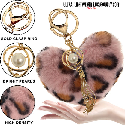 iAccessories Fluffy Soft Faux Fur Pompom Heart Keychain - Fashionable Pearl Tassel Pendant Charm for Girls | Perfect for Bags, Purses, Wallets, Cars, Bikes, Scooty, Home Keys - Pink Lepo - iAccessories