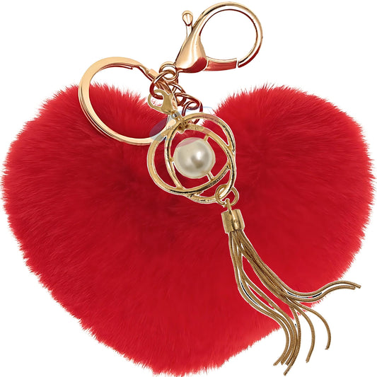 iAccessories Fluffy Soft Faux Fur Pompom Heart Keychain - Fashionable Pearl Tassel Pendant Charm for Girls | Perfect for Bags, Purses, Wallets, Cars, Bikes, Scooty, Home Keys - Red - iAccessories