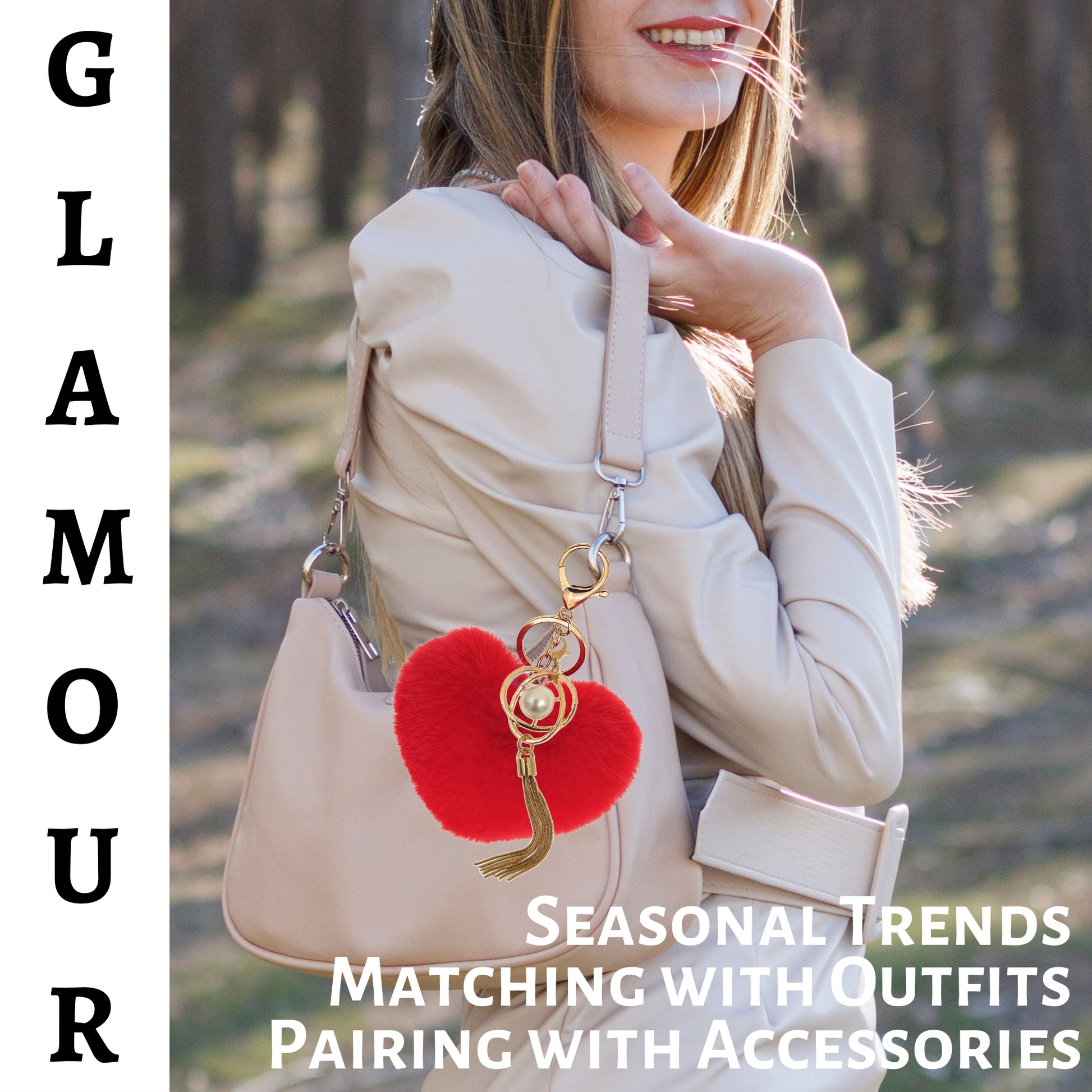 iAccessories Fluffy Soft Faux Fur Pompom Heart Keychain - Fashionable Pearl Tassel Pendant Charm for Girls | Perfect for Bags, Purses, Wallets, Cars, Bikes, Scooty, Home Keys - Red - iAccessories
