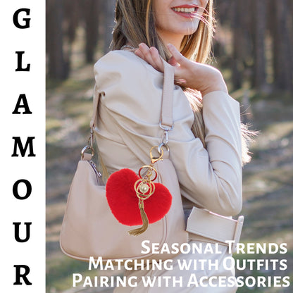 iAccessories Fluffy Soft Faux Fur Pompom Heart Keychain - Fashionable Pearl Tassel Pendant Charm for Girls | Perfect for Bags, Purses, Wallets, Cars, Bikes, Scooty, Home Keys - Red - iAccessories