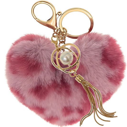 iAccessories Fluffy Soft Faux Fur Pompom Heart Keychain - Fashionable Pearl Tassel Pendant Charm for Girls | Perfect for Bags, Purses, Wallets, Cars, Bikes, Scooty, Home Keys - Rose Lepo - iAccessories