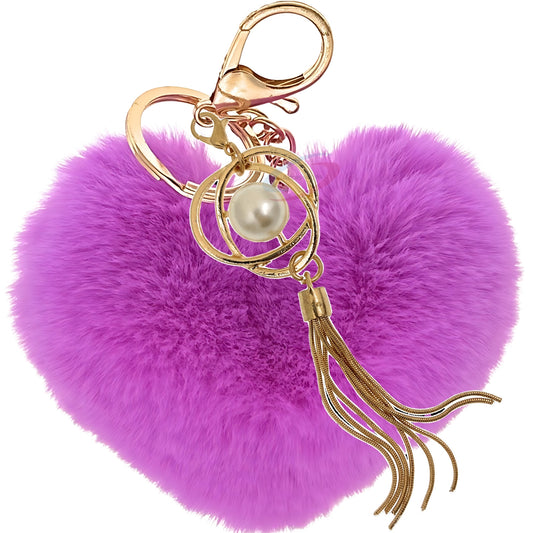 iAccessories Fluffy Soft Faux Fur Pompom Heart Keychain - Fashionable Pearl Tassel Pendant Charm for Girls | Perfect for Bags, Purses, Wallets, Cars, Bikes, Scooty, Home Keys - Violet - iAccessories
