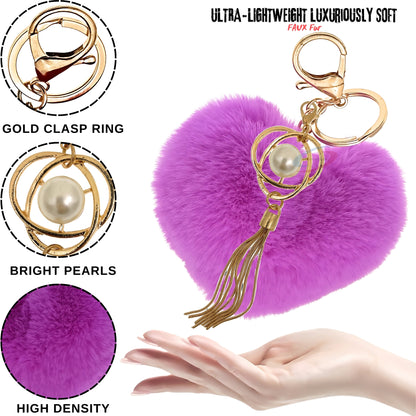 iAccessories Fluffy Soft Faux Fur Pompom Heart Keychain - Fashionable Pearl Tassel Pendant Charm for Girls | Perfect for Bags, Purses, Wallets, Cars, Bikes, Scooty, Home Keys - Violet - iAccessories