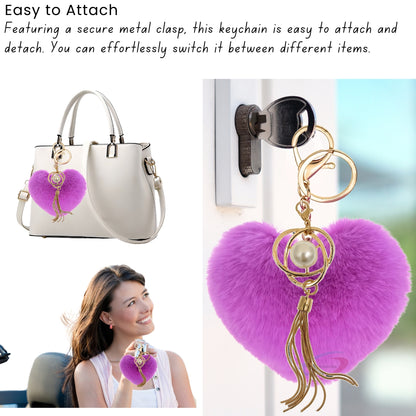 iAccessories Fluffy Soft Faux Fur Pompom Heart Keychain - Fashionable Pearl Tassel Pendant Charm for Girls | Perfect for Bags, Purses, Wallets, Cars, Bikes, Scooty, Home Keys - Violet - iAccessories