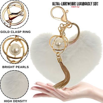 iAccessories Fluffy Soft Faux Fur Pompom Heart Keychain - Fashionable Pearl Tassel Pendant Charm for Girls | Perfect for Bags, Purses, Wallets, Cars, Bikes, Scooty, Home Keys - White - iAccessories
