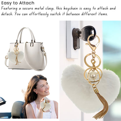 iAccessories Fluffy Soft Faux Fur Pompom Heart Keychain - Fashionable Pearl Tassel Pendant Charm for Girls | Perfect for Bags, Purses, Wallets, Cars, Bikes, Scooty, Home Keys - White - iAccessories