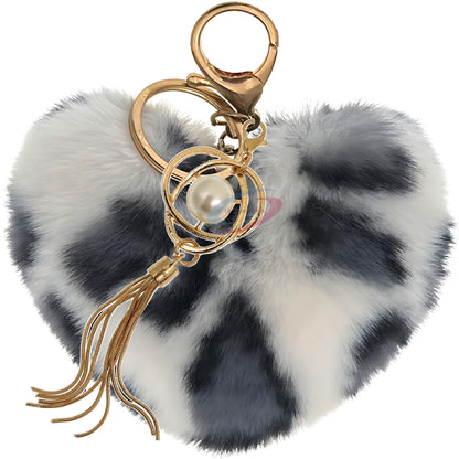 iAccessories Fluffy Soft Faux Fur Pompom Heart Keychain - Fashionable Pearl Tassel Pendant Charm for Girls | Perfect for Bags, Purses, Wallets, Cars, Bikes, Scooty, Home Keys - White Black Lepo - iAccessories