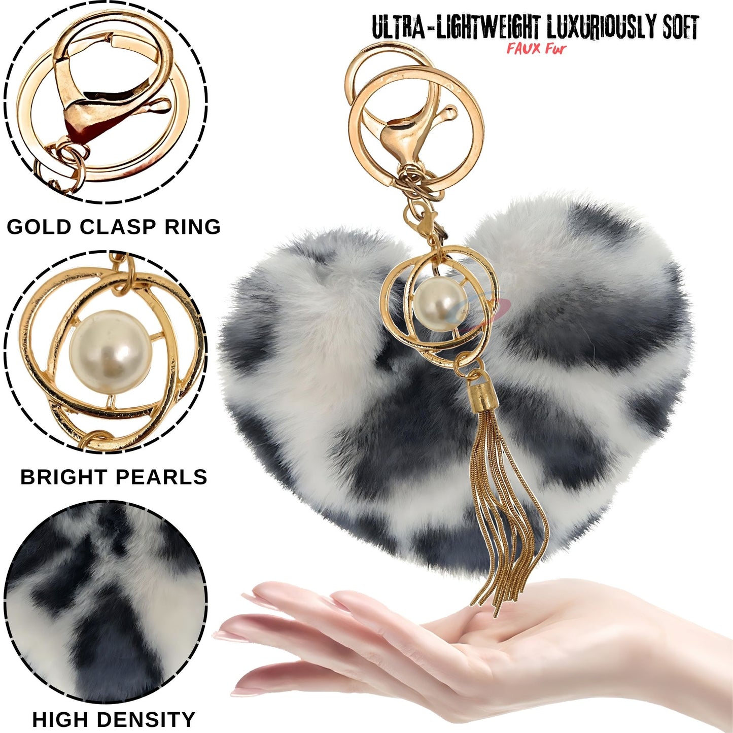 iAccessories Fluffy Soft Faux Fur Pompom Heart Keychain - Fashionable Pearl Tassel Pendant Charm for Girls | Perfect for Bags, Purses, Wallets, Cars, Bikes, Scooty, Home Keys - White Black Lepo - iAccessories