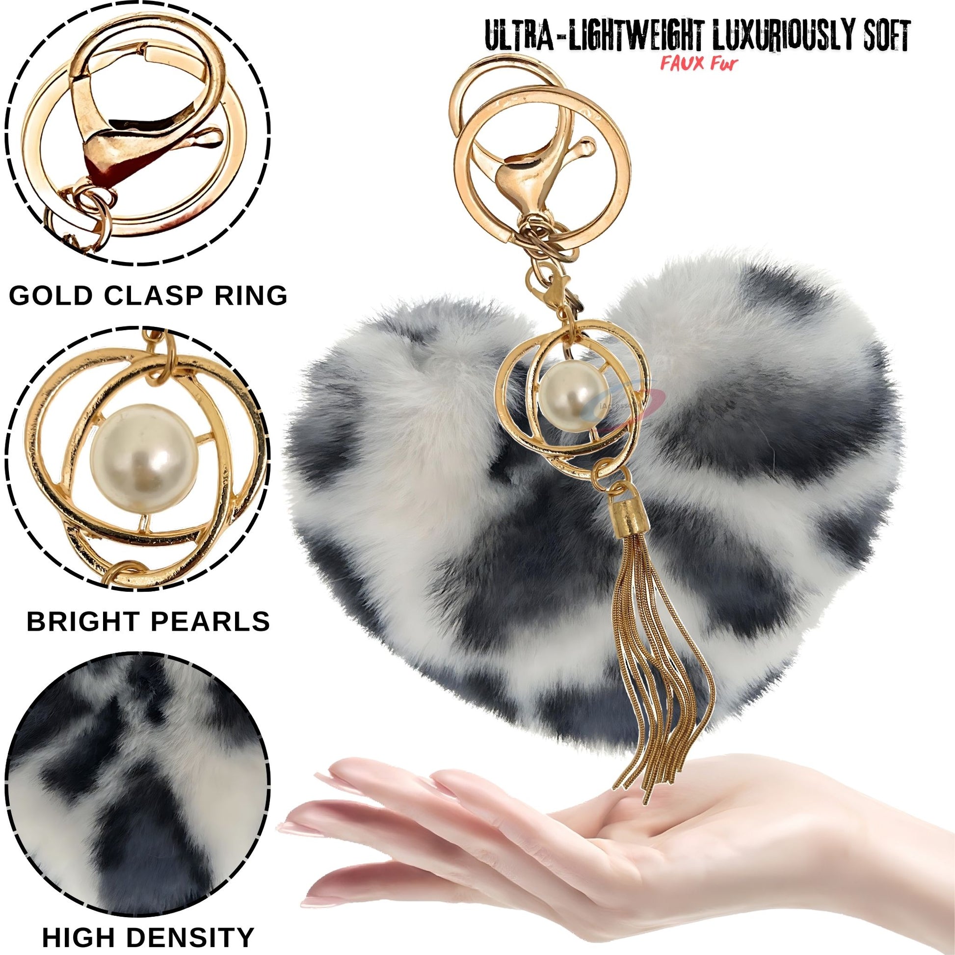 iAccessories Fluffy Soft Faux Fur Pompom Heart Keychain - Fashionable Pearl Tassel Pendant Charm for Girls | Perfect for Bags, Purses, Wallets, Cars, Bikes, Scooty, Home Keys - White Black Lepo - iAccessories