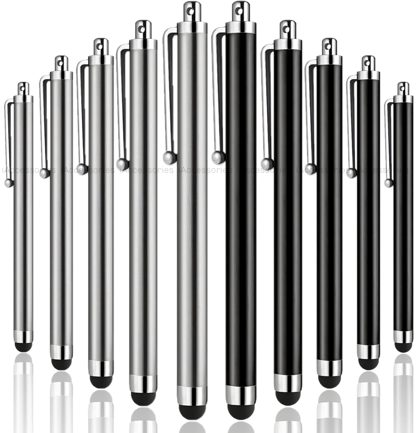 iAccessories Universal Capacitive Stylus Pens Compatible with All Touch Screen Devices, Smartphones, Tablet, Android Mobile Phones - Pack of 10, Silver | Black - iAccessories
