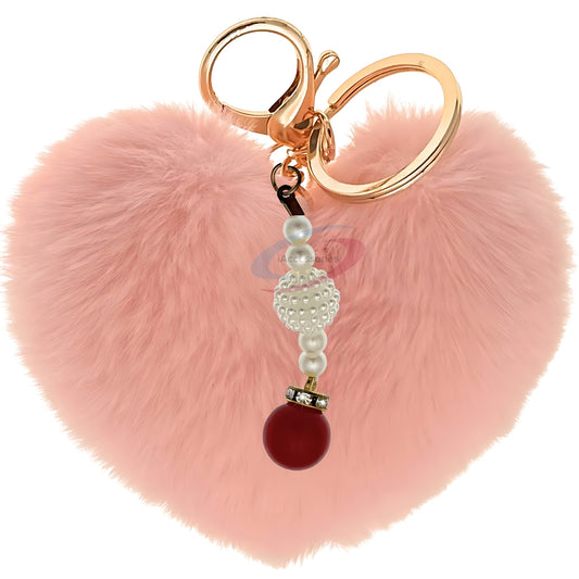 iAccessories Soft Faux Fur Pompom Heart Keychain with Pearl Pendant- Baby Pink - iAccessories