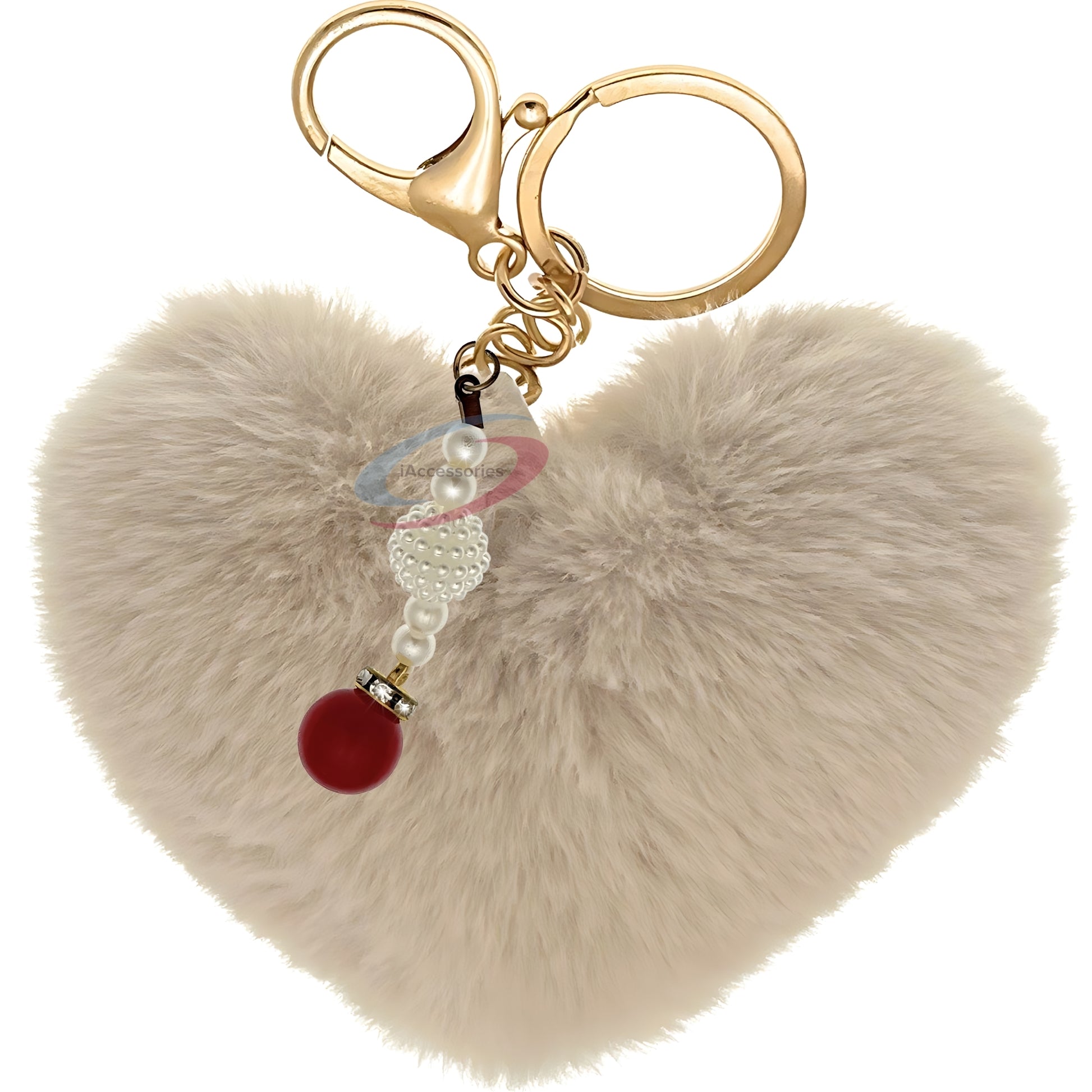 iAccessories Soft Faux Fur Pompom Heart Keychain with Pearl Pendant - Beige - iAccessories