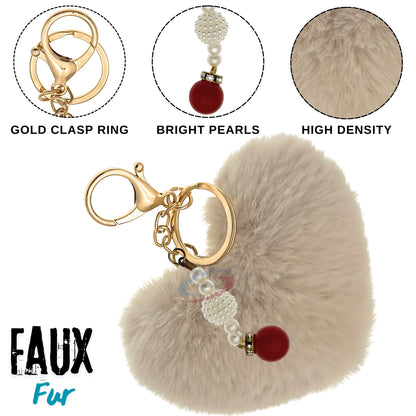 iAccessories Soft Faux Fur Pompom Heart Keychain with Pearl Pendant - Beige - iAccessories
