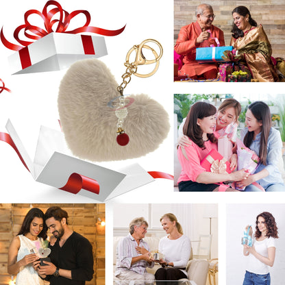 iAccessories Soft Faux Fur Pompom Heart Keychain with Pearl Pendant - Beige - iAccessories