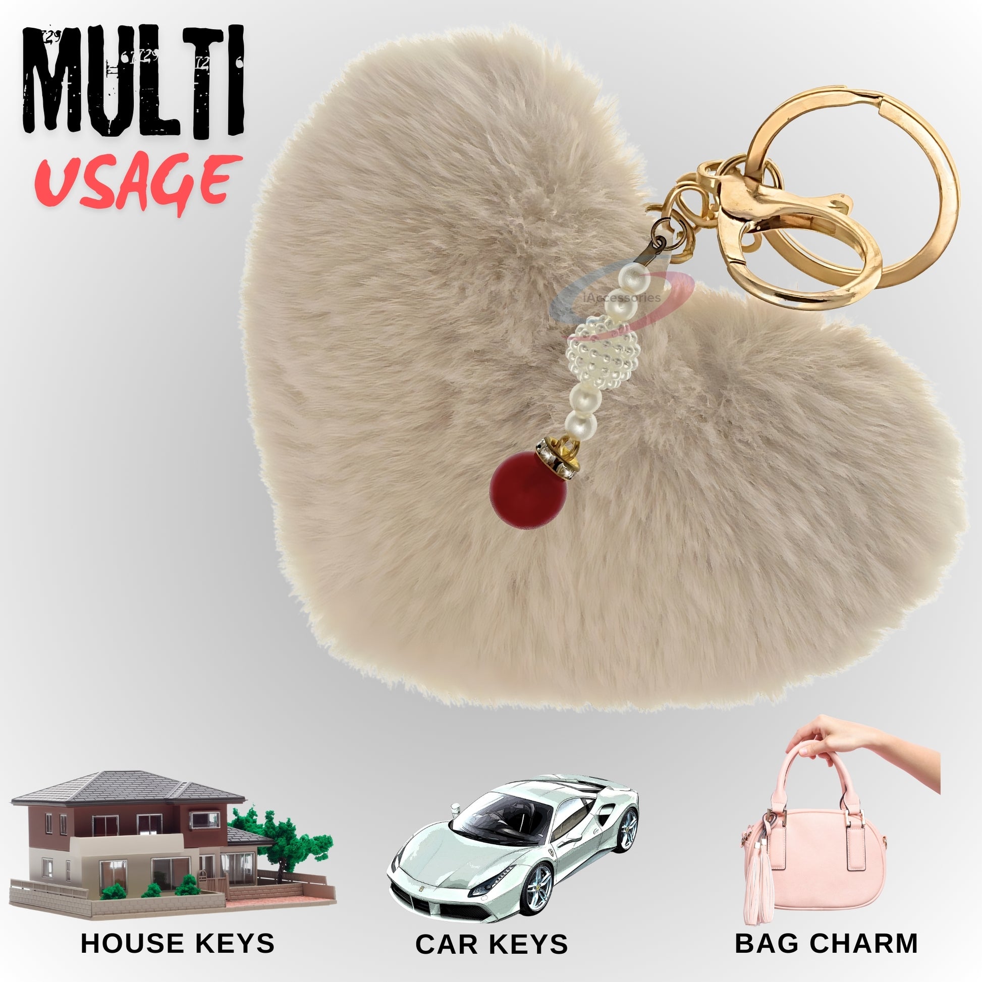 iAccessories Soft Faux Fur Pompom Heart Keychain with Pearl Pendant - Beige - iAccessories