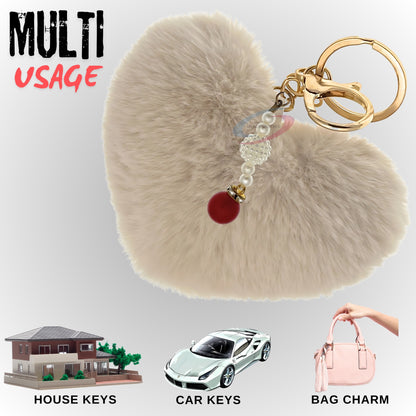 iAccessories Soft Faux Fur Pompom Heart Keychain with Pearl Pendant - Beige - iAccessories