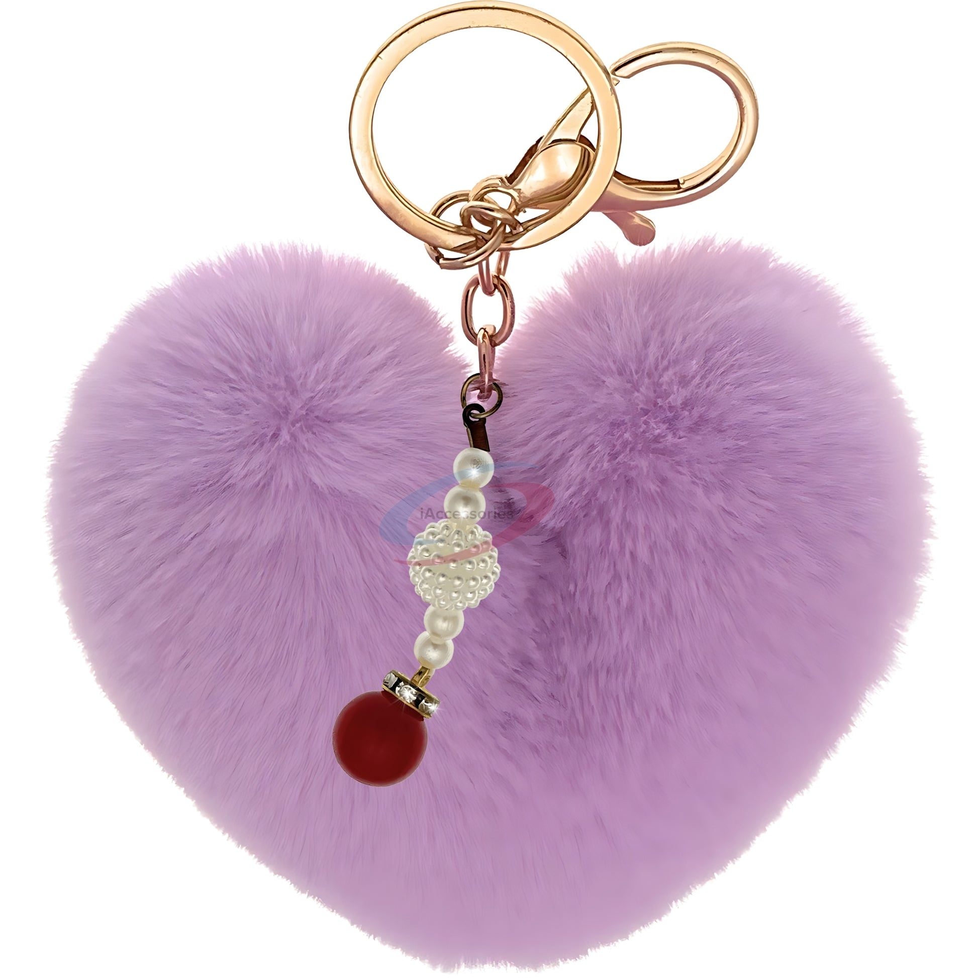 iAccessories Soft Faux Fur Pompom Heart Keychain with Pearl Pendant - Purple - iAccessories