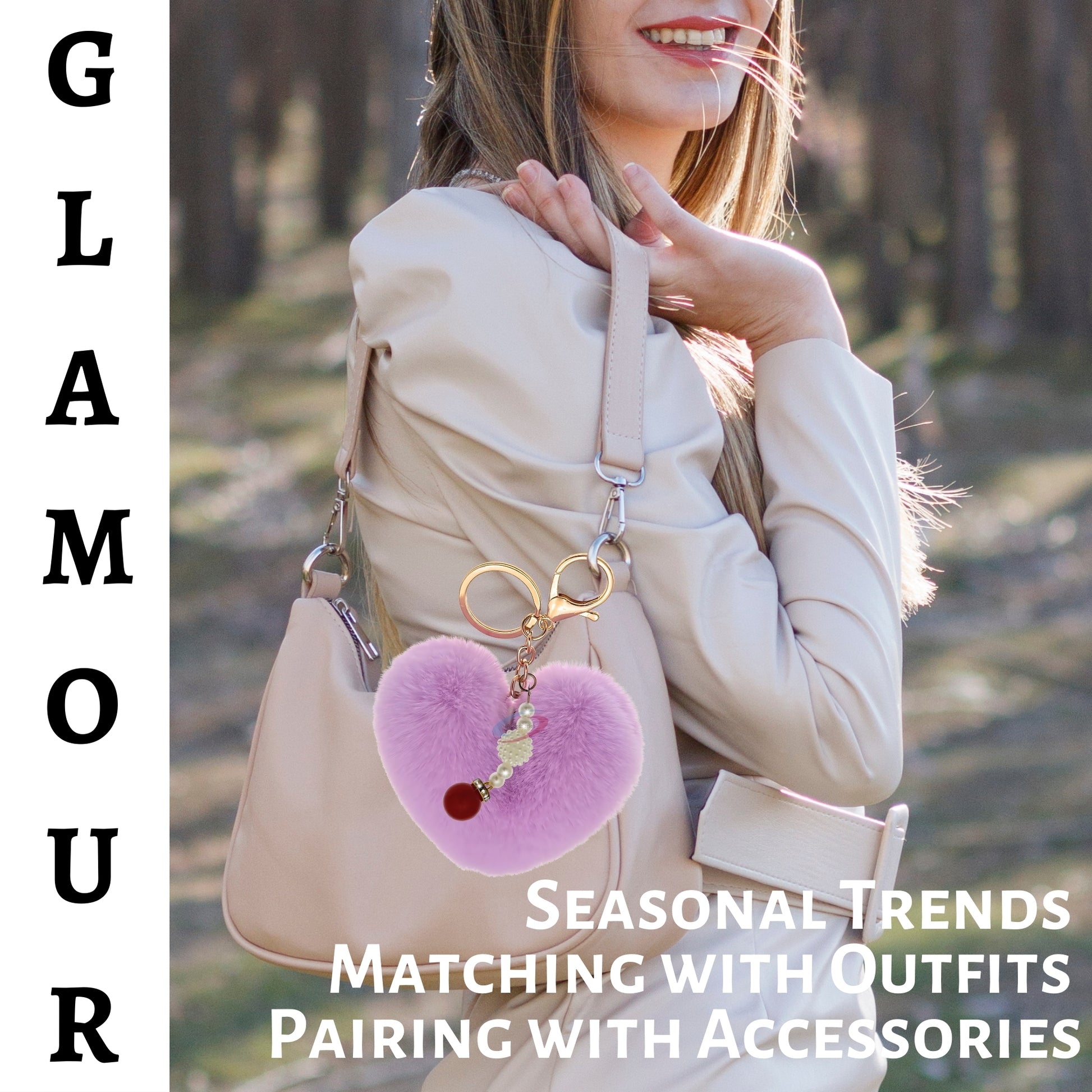 iAccessories Soft Faux Fur Pompom Heart Keychain with Pearl Pendant - Purple - iAccessories