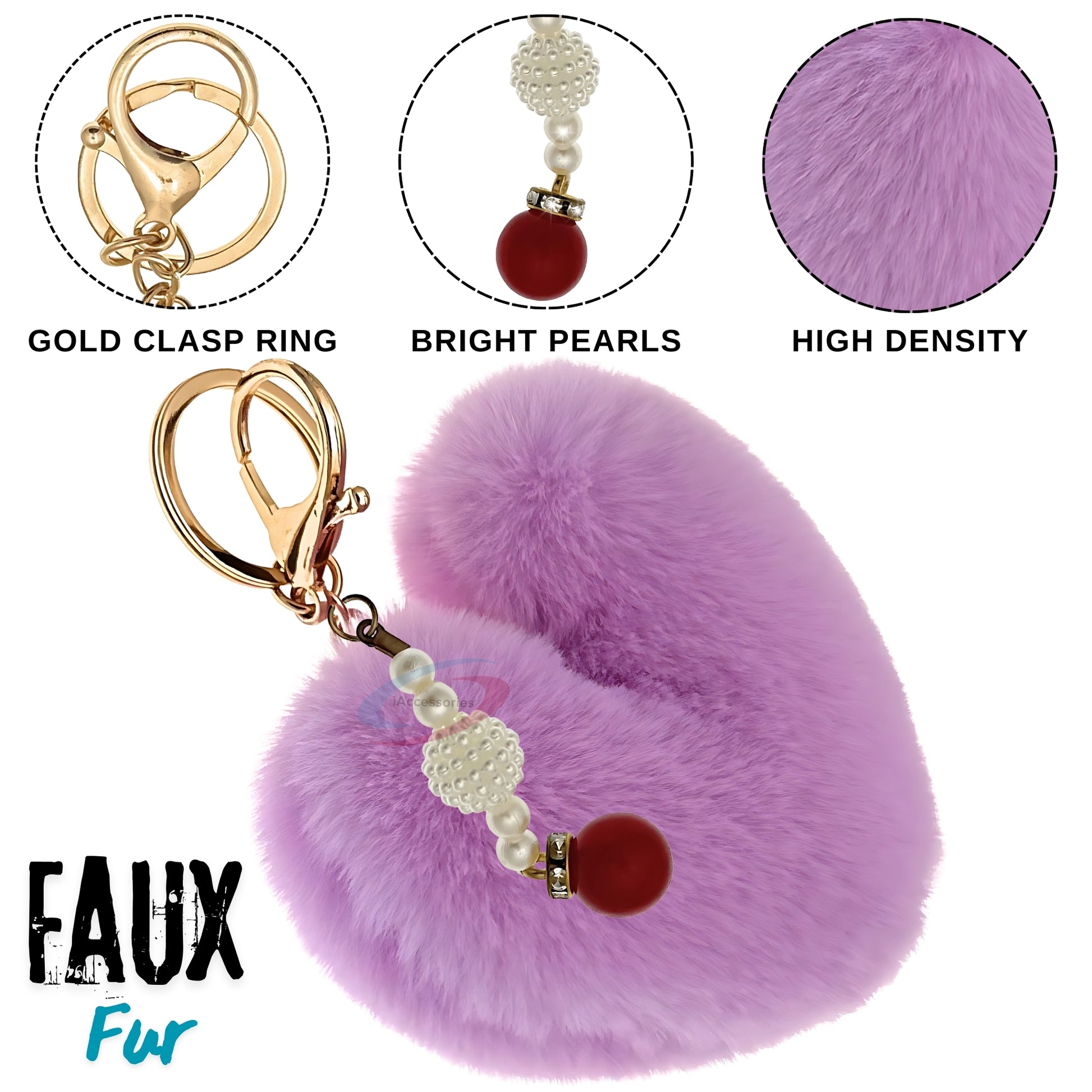 iAccessories Soft Faux Fur Pompom Heart Keychain with Pearl Pendant - Purple - iAccessories