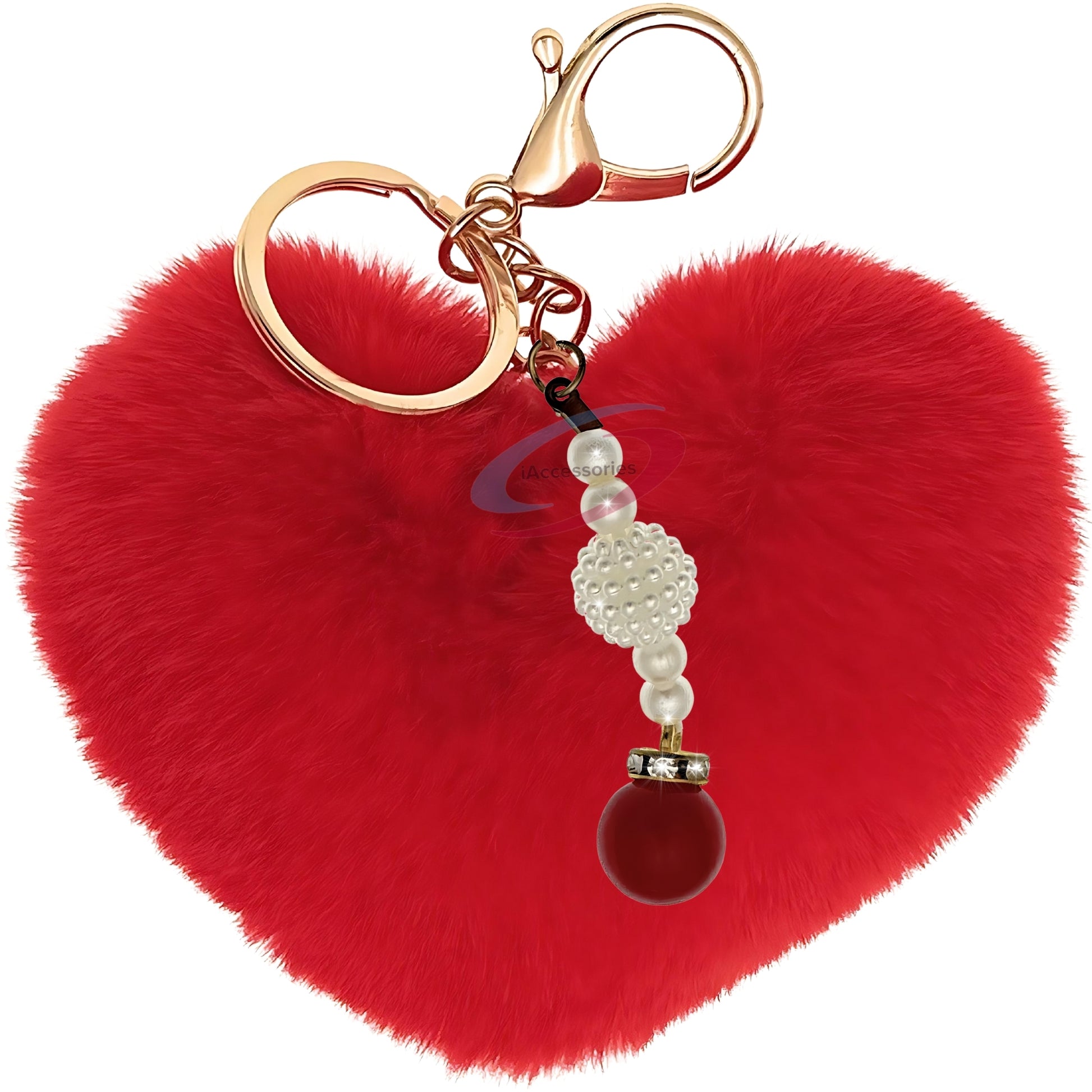 iAccessories Soft Faux Fur Pompom Heart Keychain with Pearl Pendant- Red - iAccessories