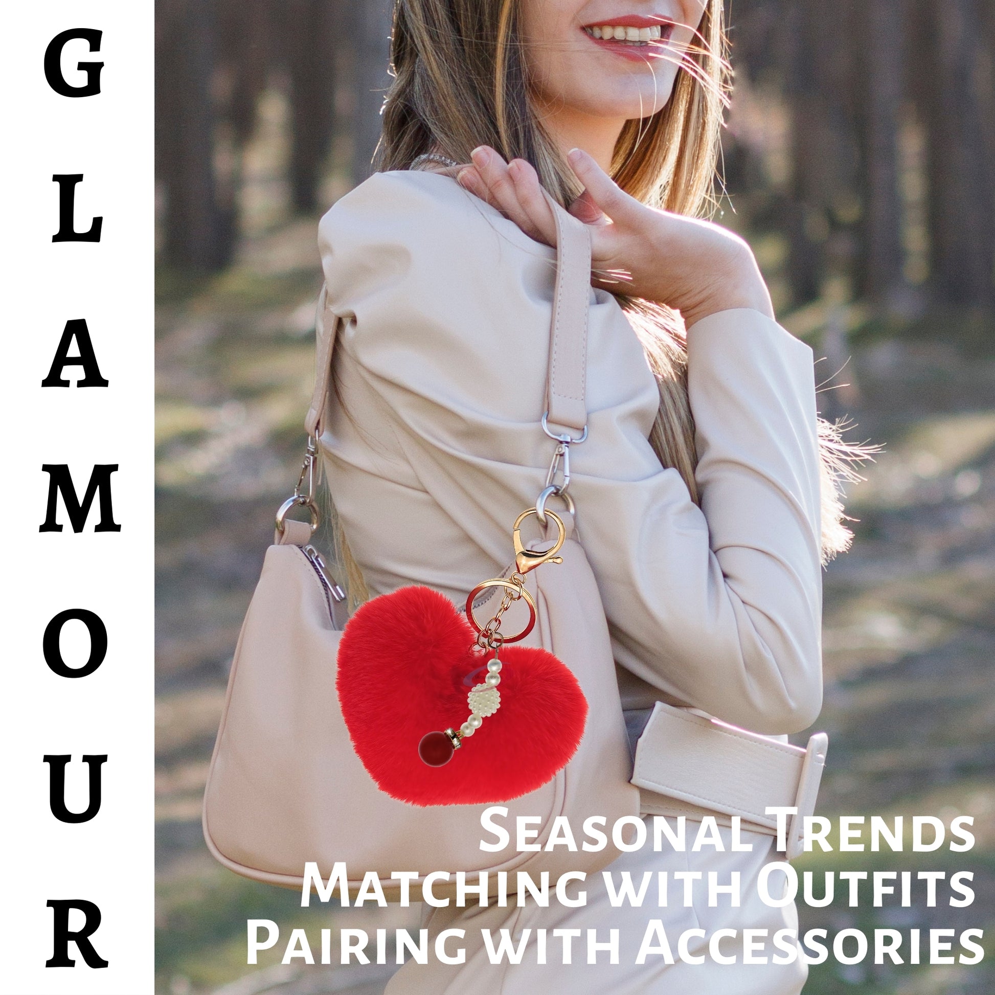 iAccessories Soft Faux Fur Pompom Heart Keychain with Pearl Pendant- Red - iAccessories