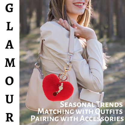 iAccessories Soft Faux Fur Pompom Heart Keychain with Pearl Pendant- Red - iAccessories